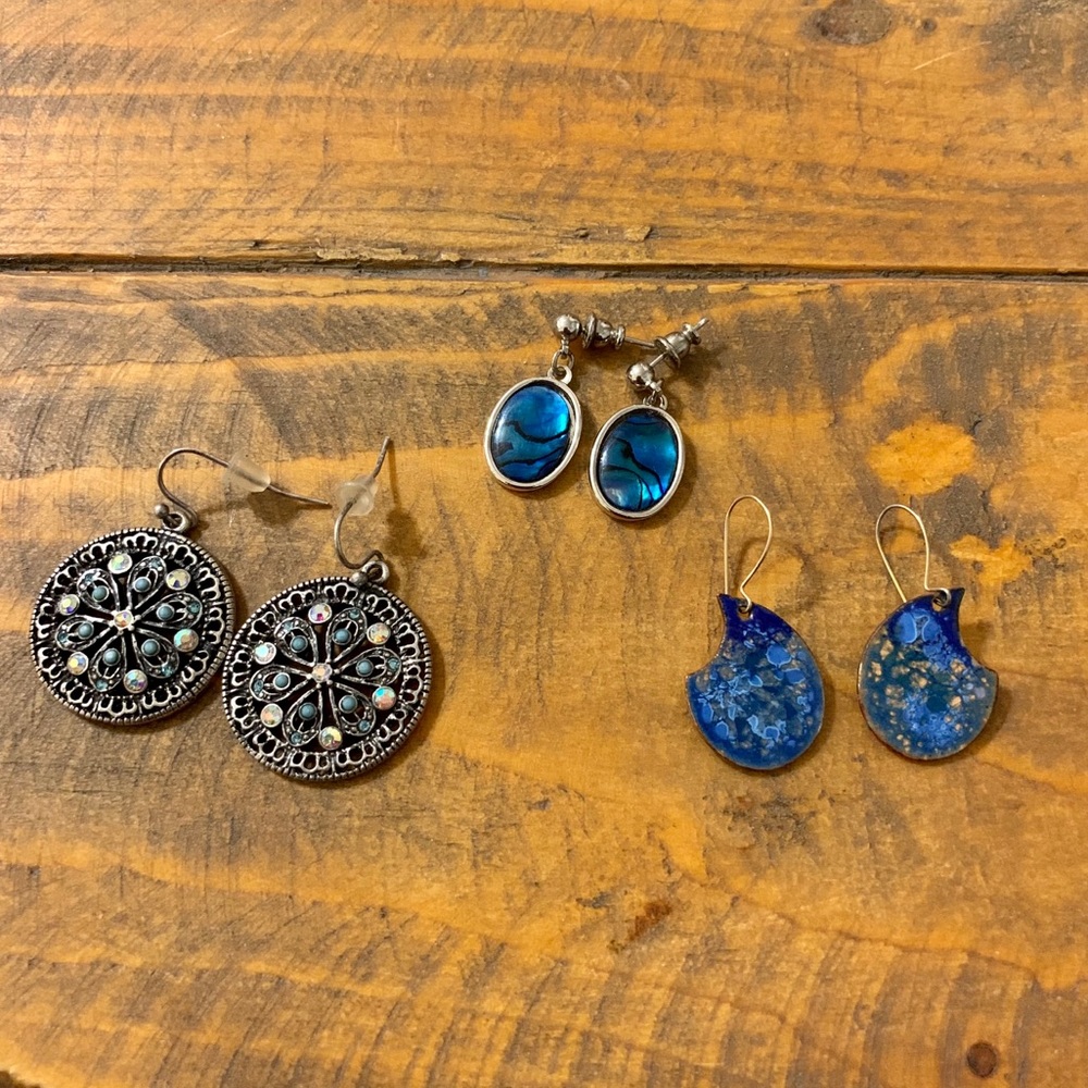 Three Sets of Blue Tone Enamel Rhinestone Earrings